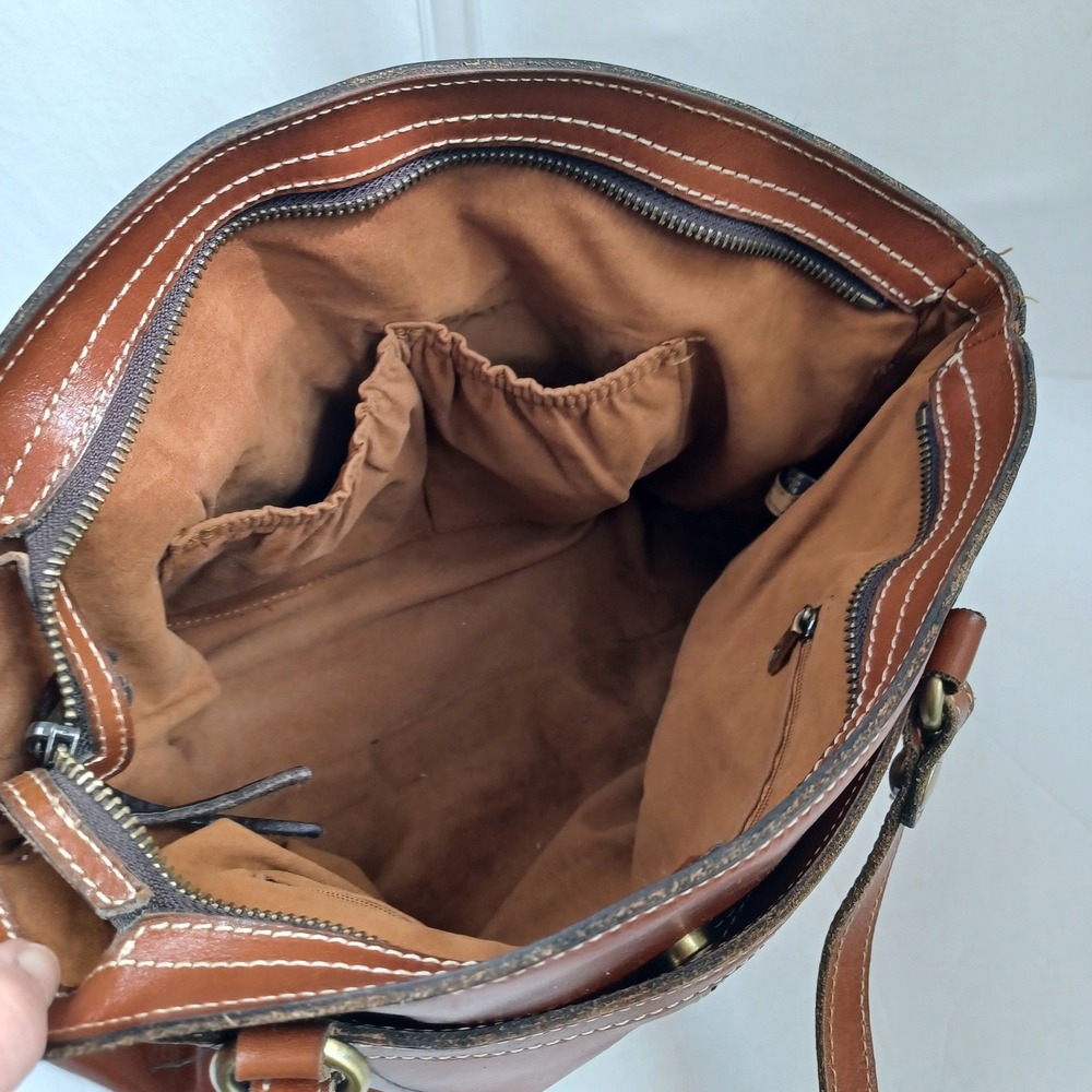 Patricia Nash Cognac Leather Tote Bag‎ Front Zip Contrast Stitching Brown - Picture 7 of 16